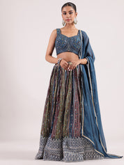 Elegant Navy Blue Bandhini Lehenga with Cutdana Embroidered Blouse