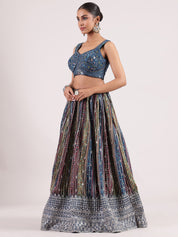 Elegant Navy Blue Bandhini Lehenga with Cutdana Embroidered Blouse