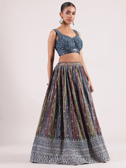 Elegant Navy Blue Bandhini Lehenga with Cutdana Embroidered Blouse