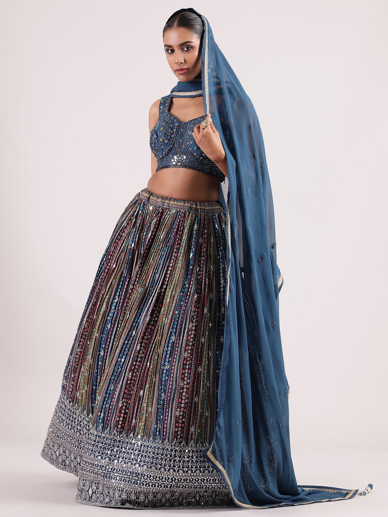 Elegant Navy Blue Bandhini Lehenga with Cutdana Embroidered Blouse