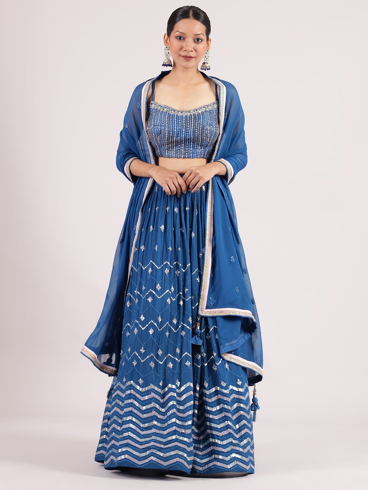 Royal Blue Georgette Lehenga with Zardosi Embroidery & Elegant Jacket