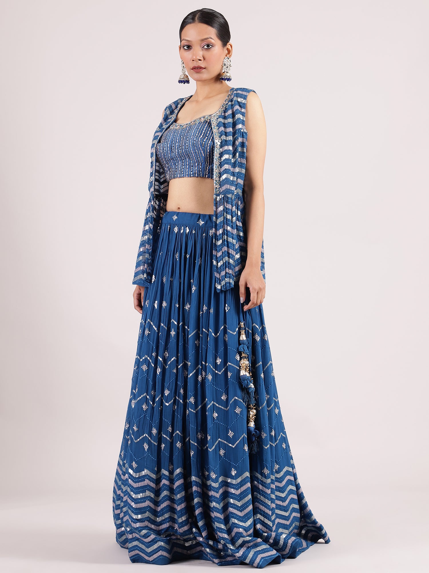 Royal Blue Georgette Lehenga with Zardosi Embroidery & Elegant Jacket