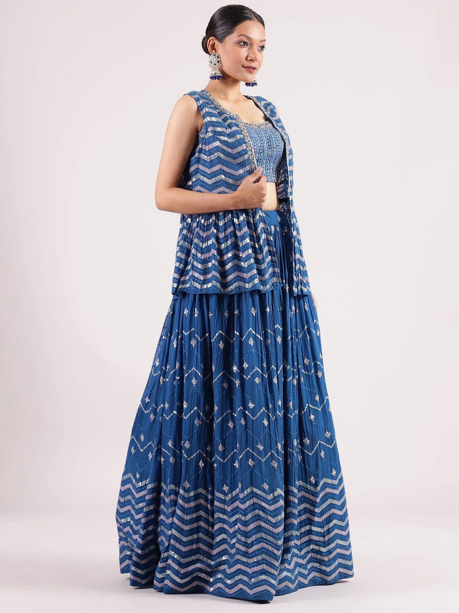 Royal Blue Georgette Lehenga with Zardosi Embroidery & Elegant Jacket