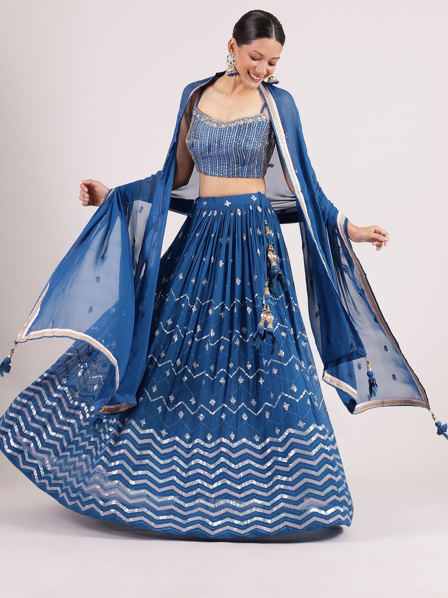 Royal Blue Georgette Lehenga with Zardosi Embroidery & Elegant Jacket