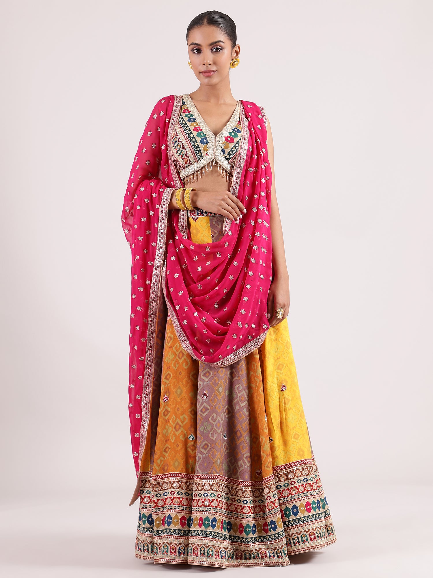 Cotton Ajrakh Lehenga with Brocade Kotapatti Blouse & Rani Pink Georgette Dupatta