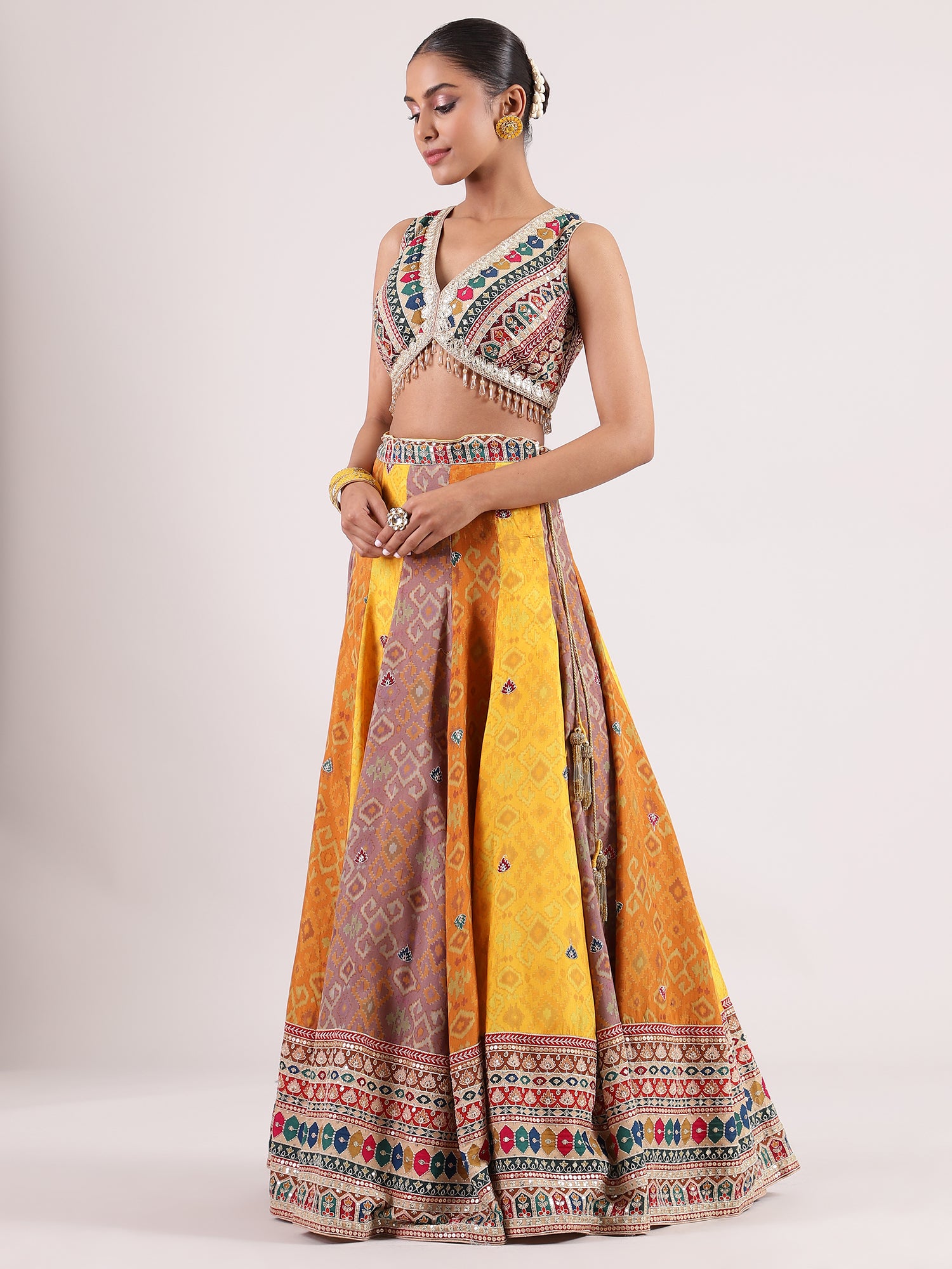 Cotton Ajrakh Lehenga with Brocade Kotapatti Blouse & Rani Pink Georgette Dupatta