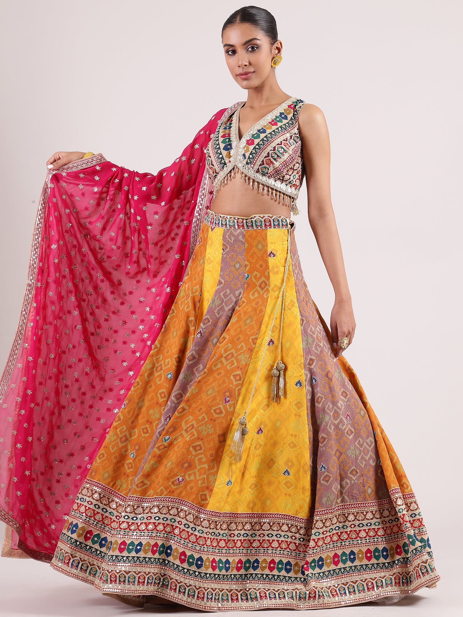 Cotton Ajrakh Lehenga with Brocade Kotapatti Blouse & Rani Pink Georgette Dupatta