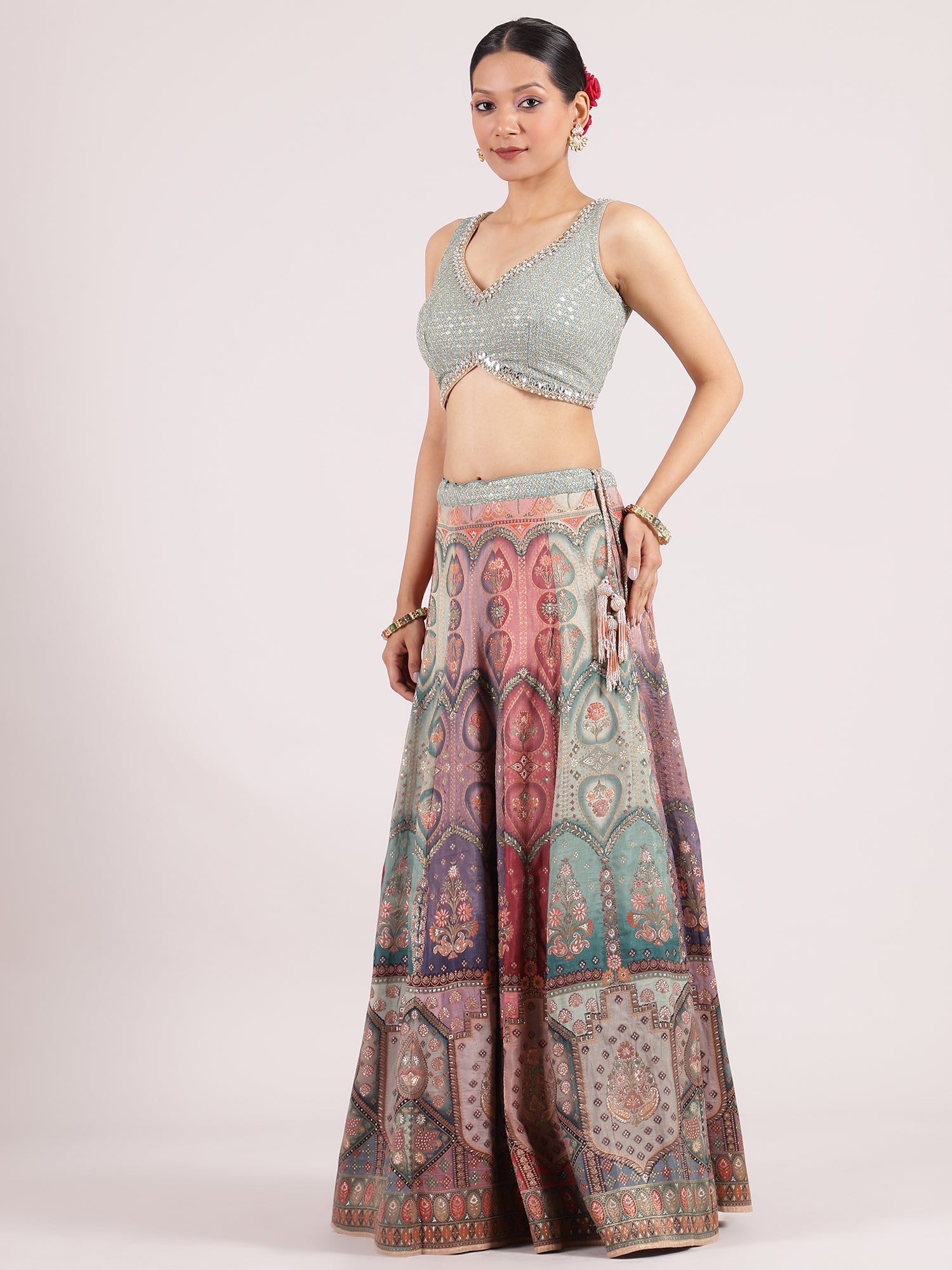 Majestic Ocean Blue Banarasi Lehenga with Sequined Blouse & Contrast Dupatta