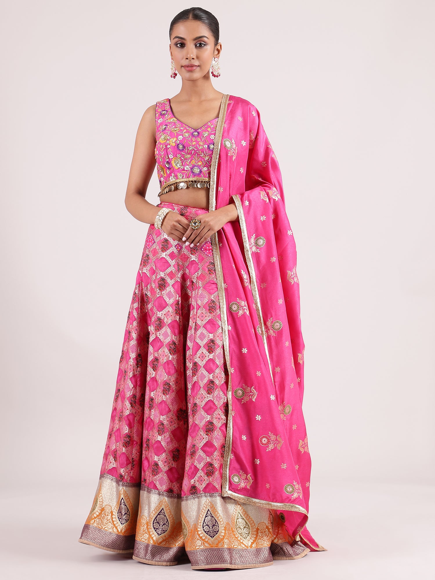 Elegant Pink Banarasi Lehenga with Delicate Organza Dupatta