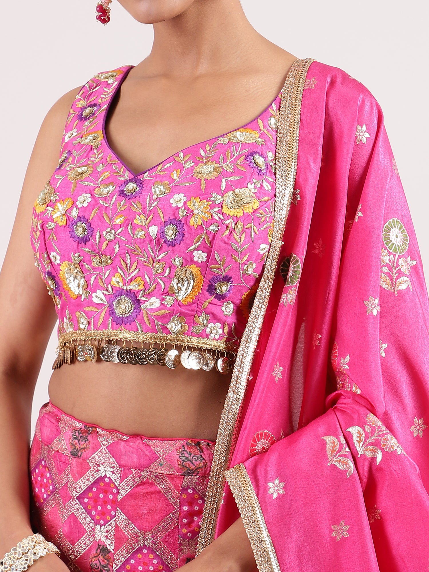 Elegant Pink Banarasi Lehenga with Delicate Organza Dupatta