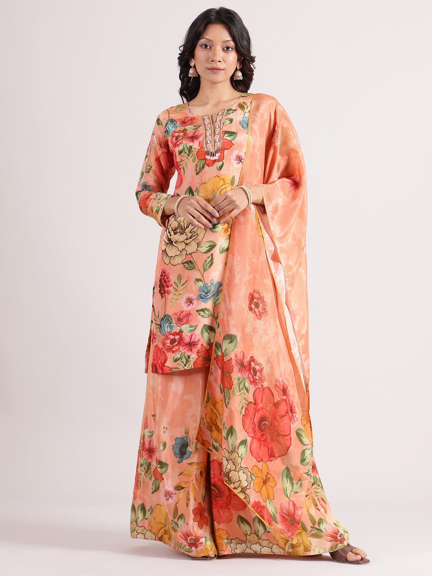 Charming Pastel Orange Crepe Silk Salwar Suit with Floral Digital Palazzo