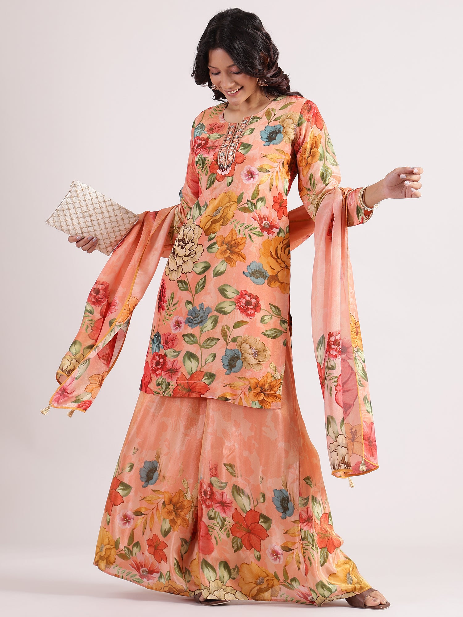 Charming Pastel Orange Crepe Silk Salwar Suit with Floral Digital Palazzo