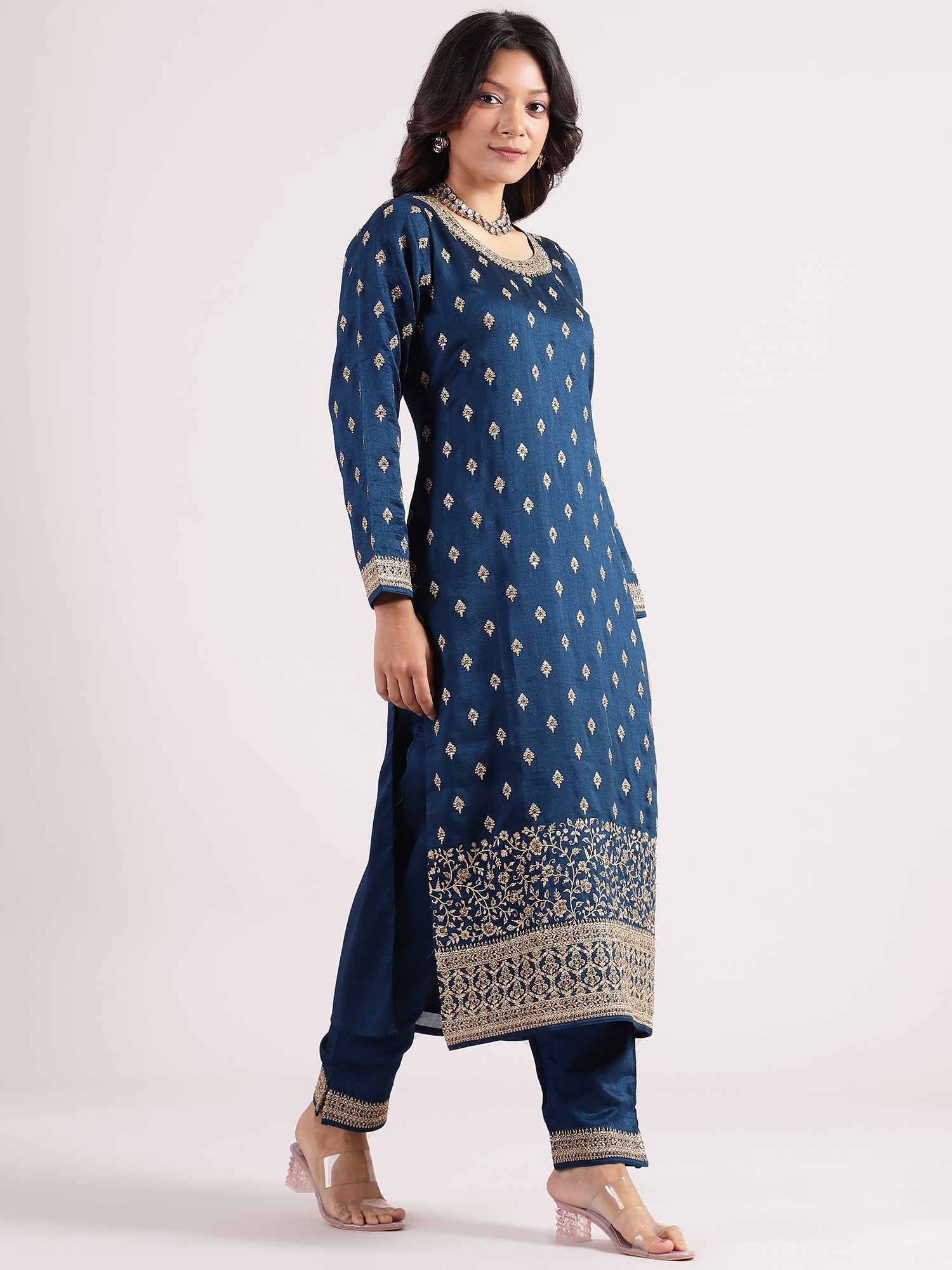 Elegant Aegean Salwar Suit with Embroidered Silk Sequence Dupatta & Narrow Pants