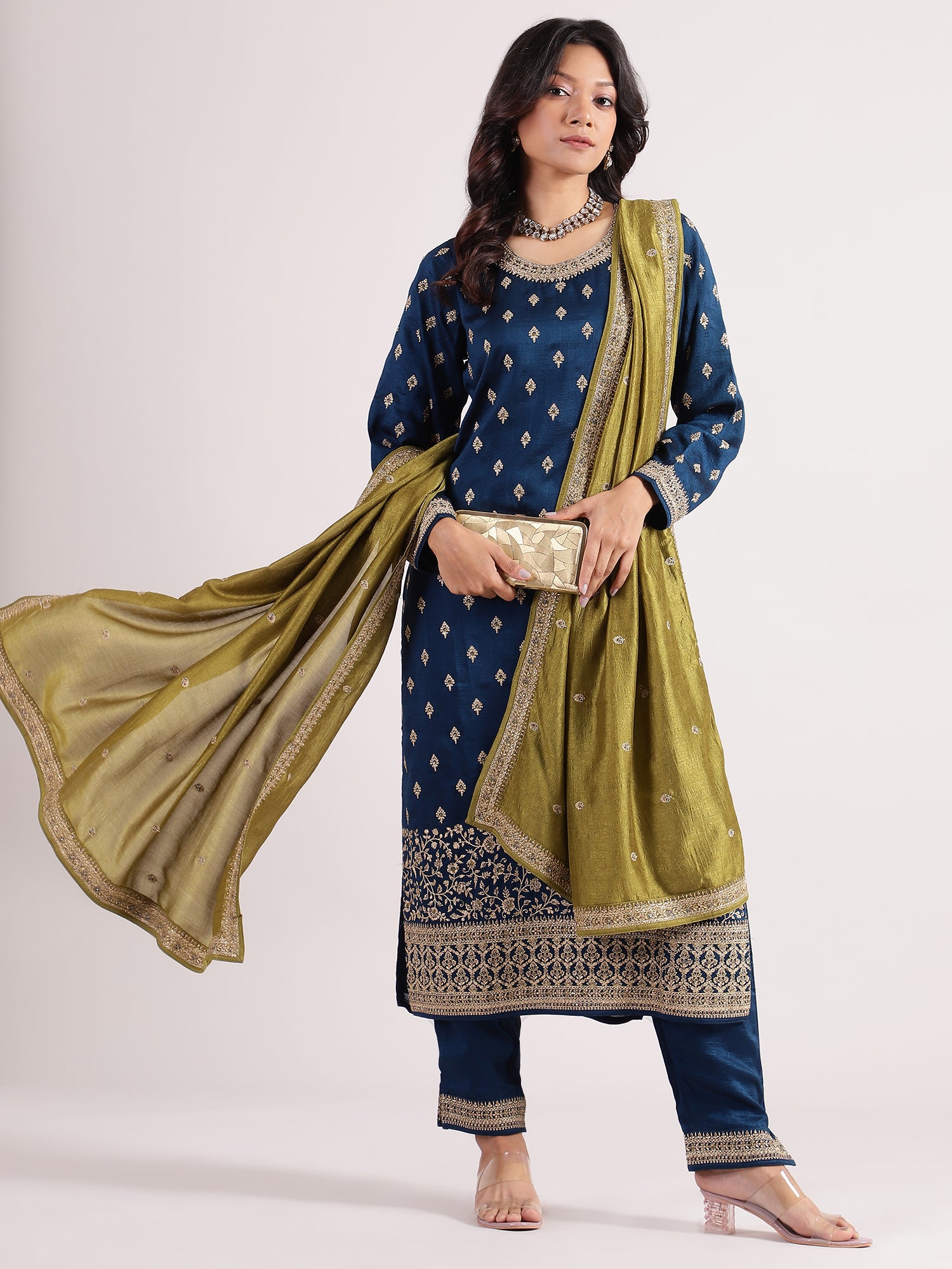 Elegant Aegean Salwar Suit with Embroidered Silk Sequence Dupatta & Narrow Pants