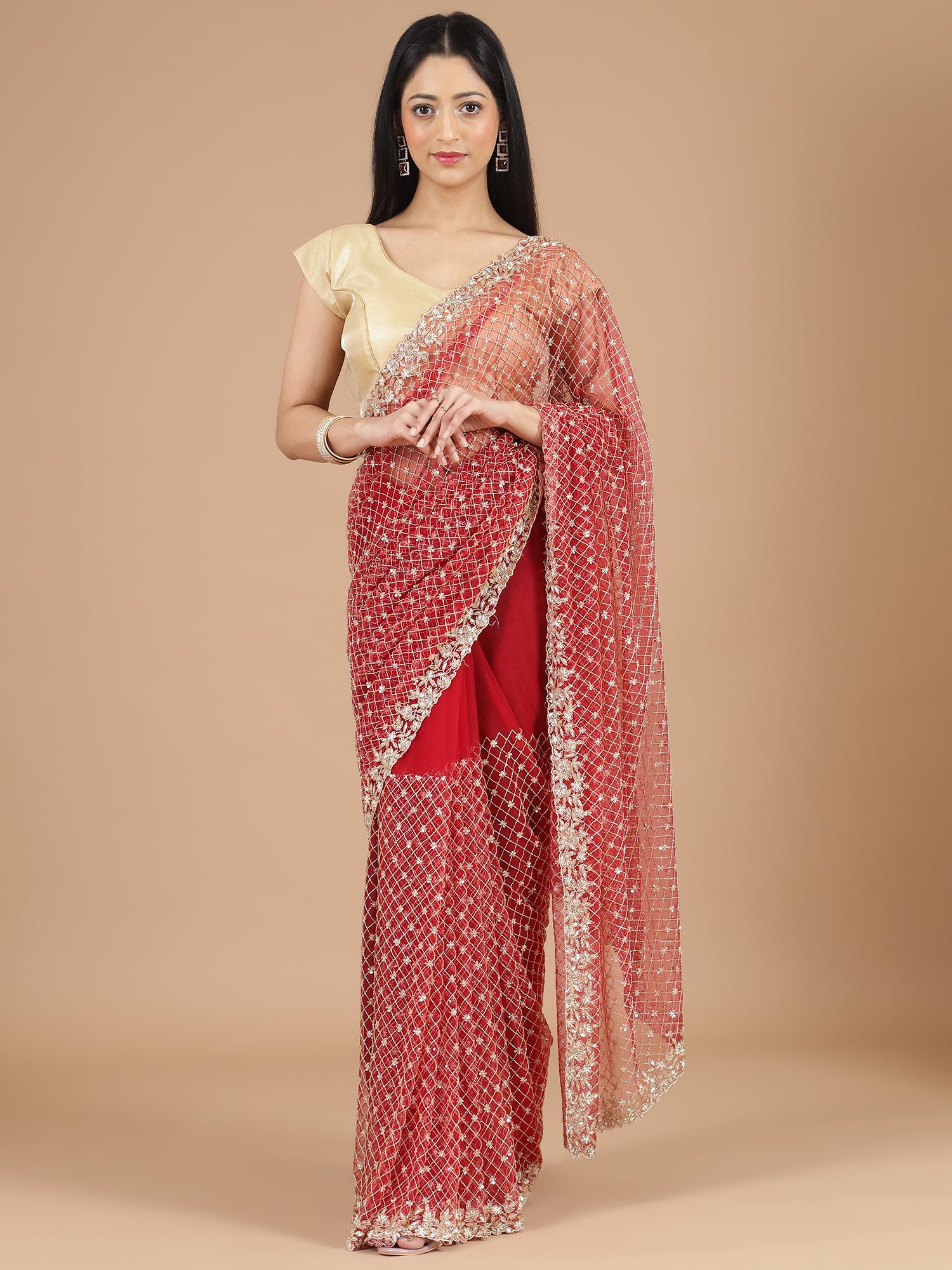 Stunning Red Net Embroidered Saree with Cutdana & Sequence Work