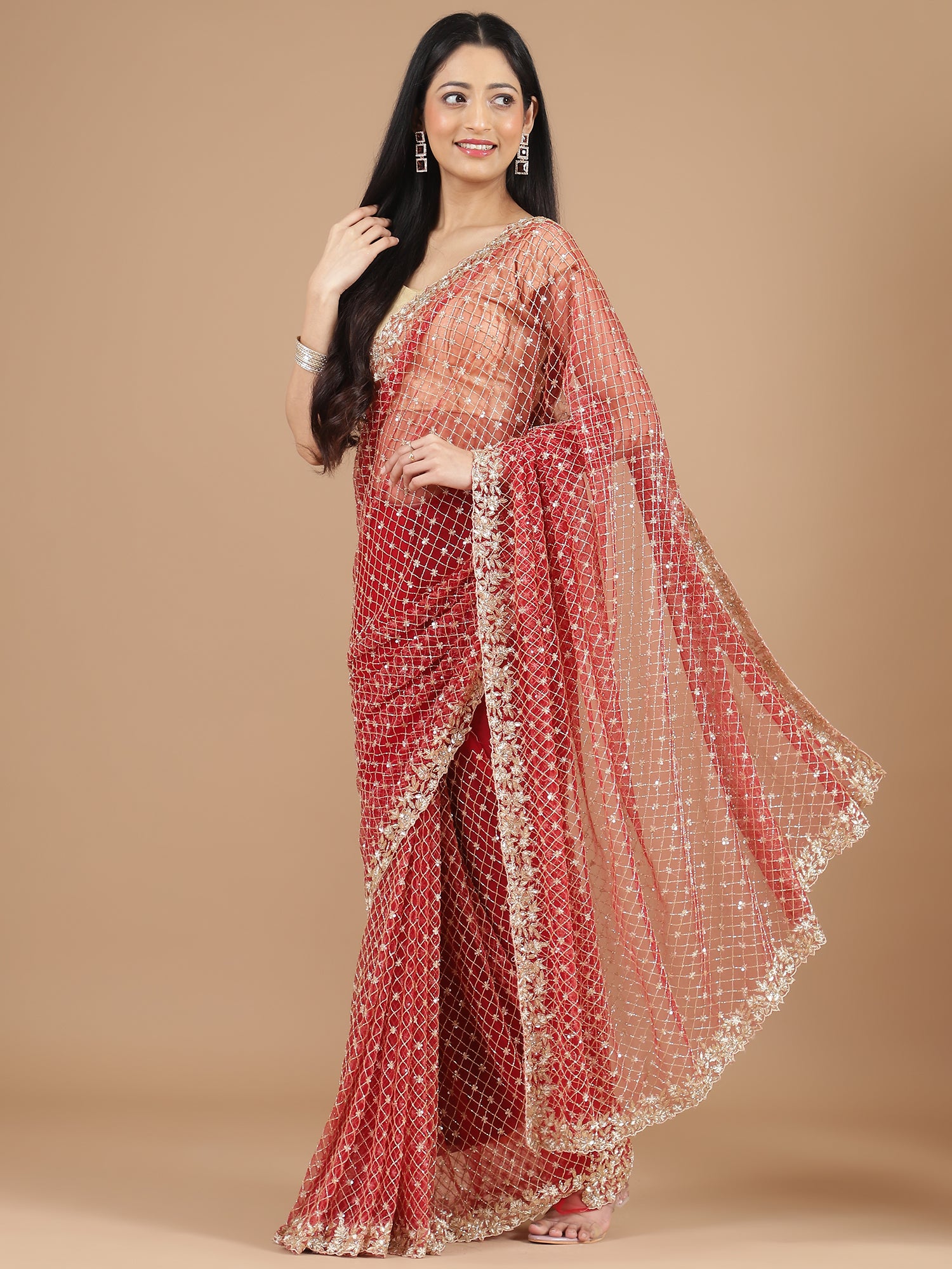 Stunning Red Net Embroidered Saree with Cutdana & Sequence Work