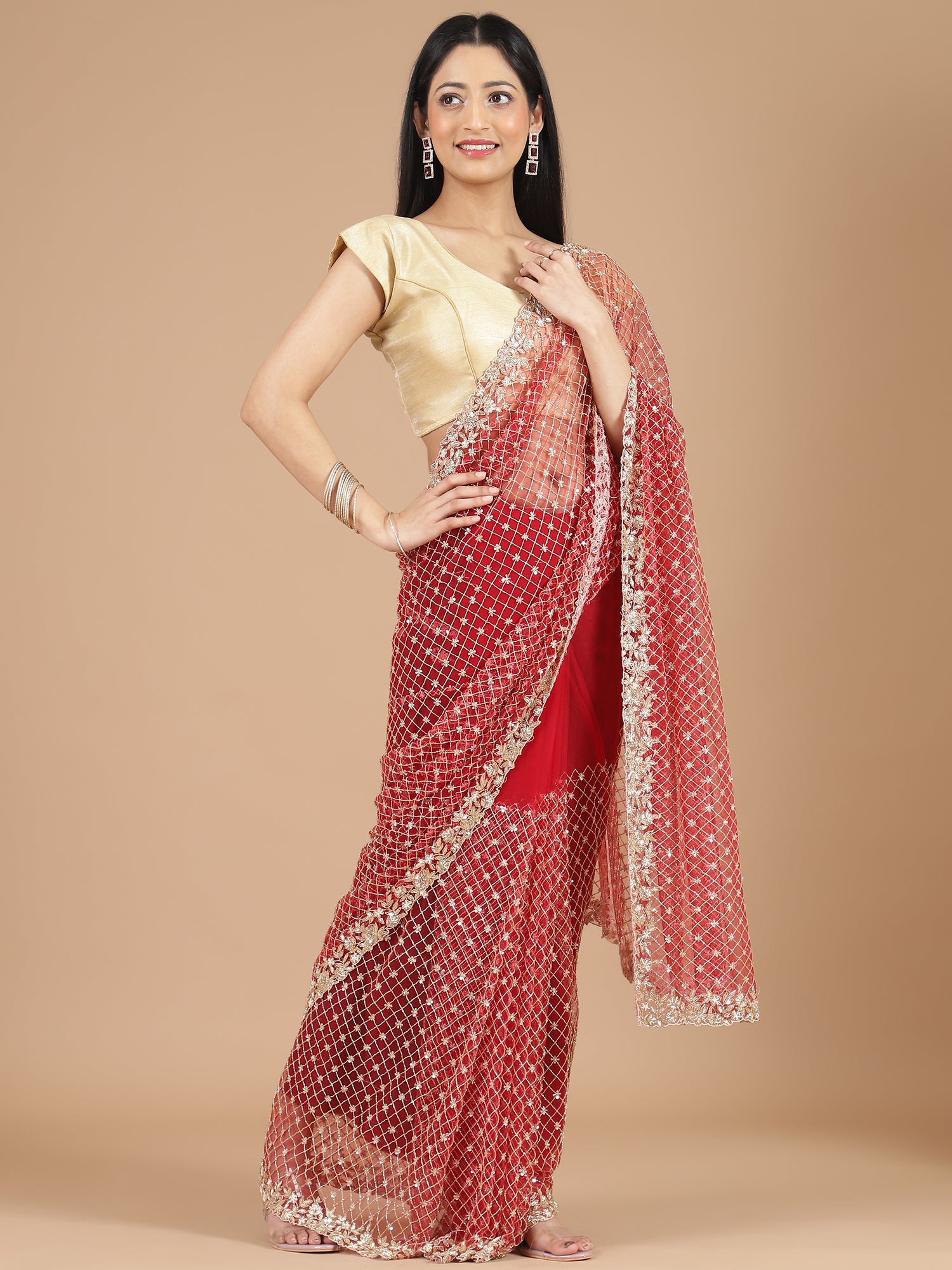 Stunning Red Net Embroidered Saree with Cutdana & Sequence Work