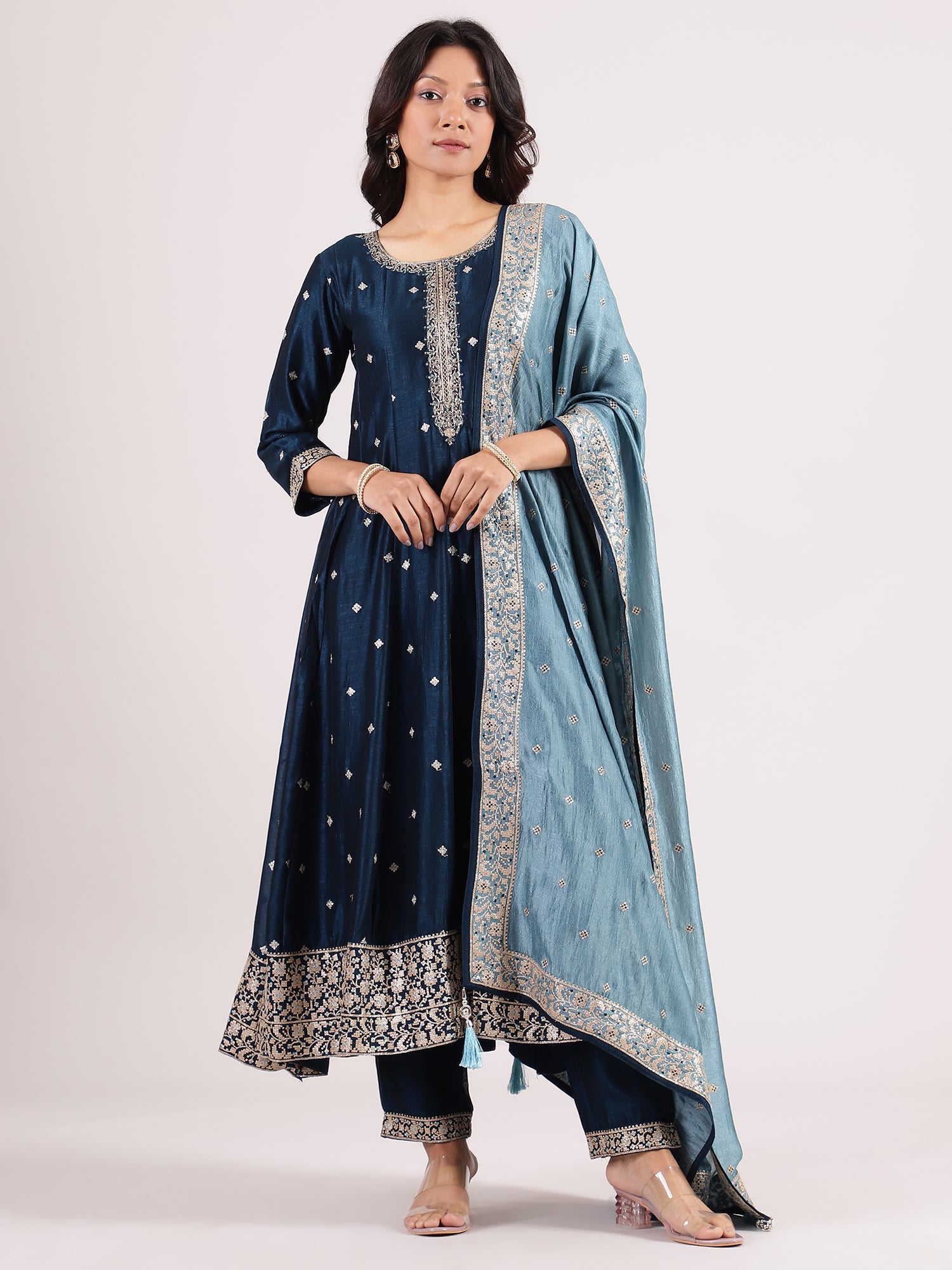 Aegean Blue Banarasi Salwar Suit with Sequin Embroidery & Contrast Turquoise Blue Dupatta