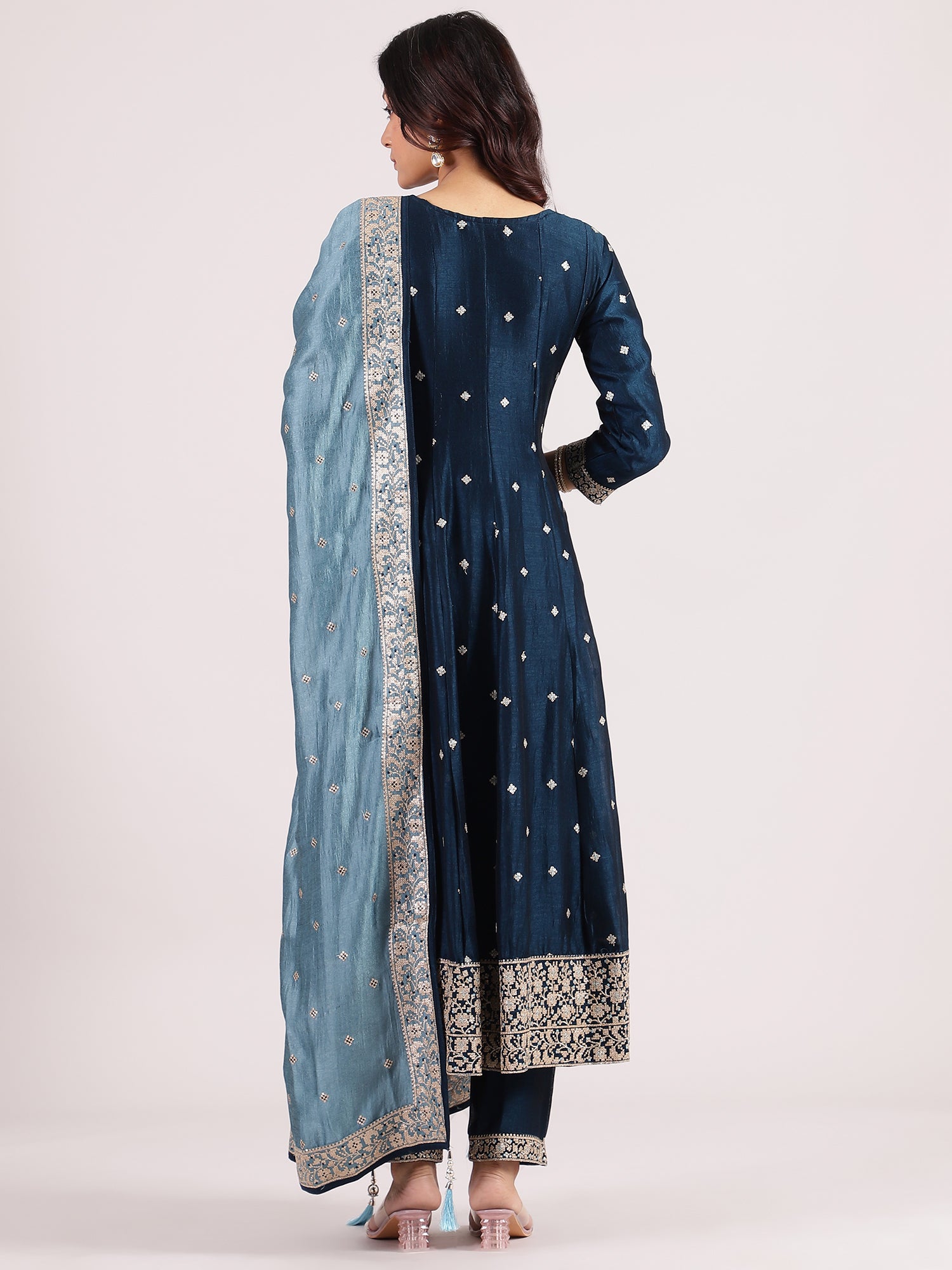 Aegean Blue Banarasi Salwar Suit with Sequin Embroidery & Contrast Turquoise Blue Dupatta