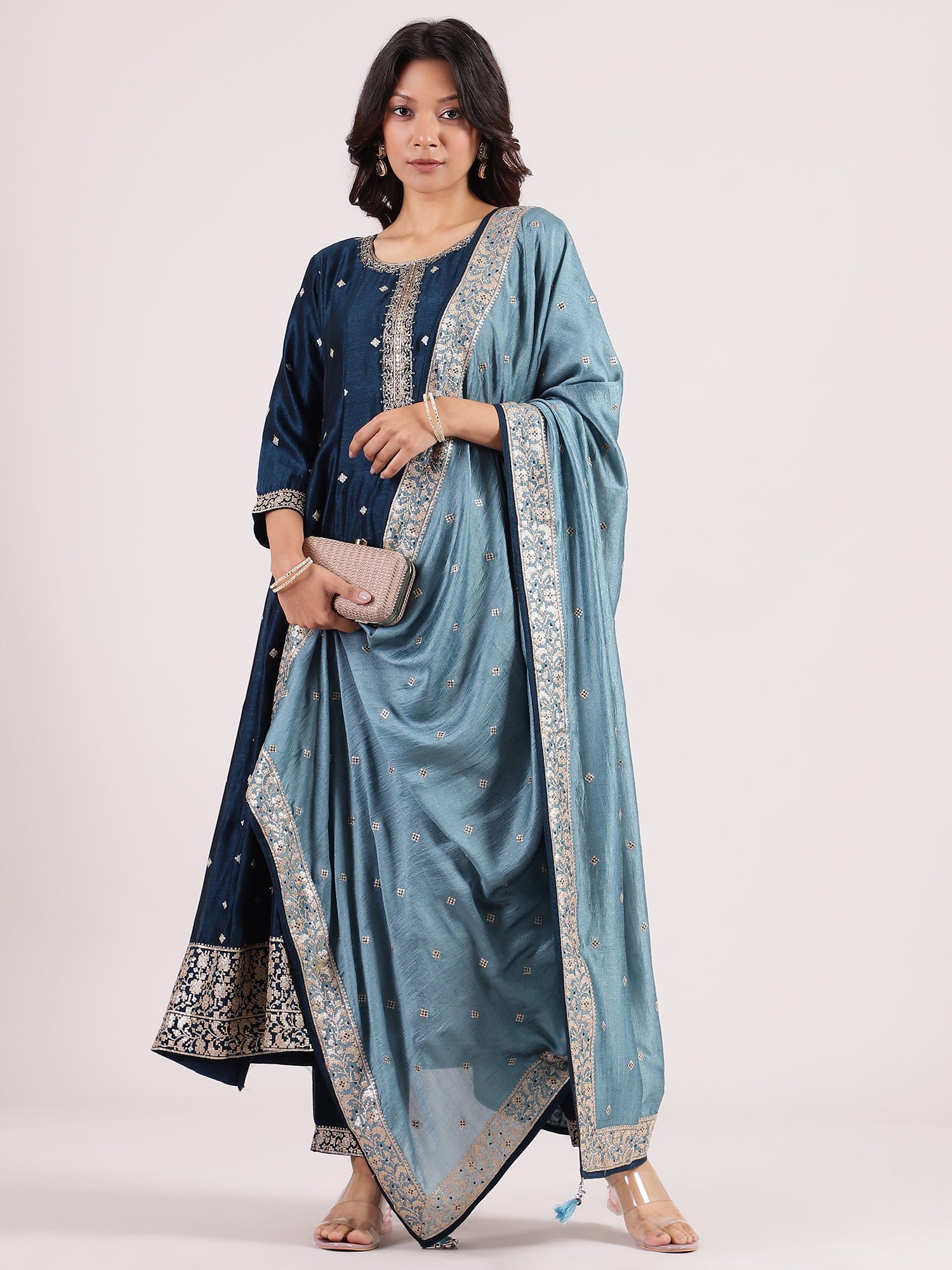 Aegean Blue Banarasi Salwar Suit with Sequin Embroidery & Contrast Turquoise Blue Dupatta