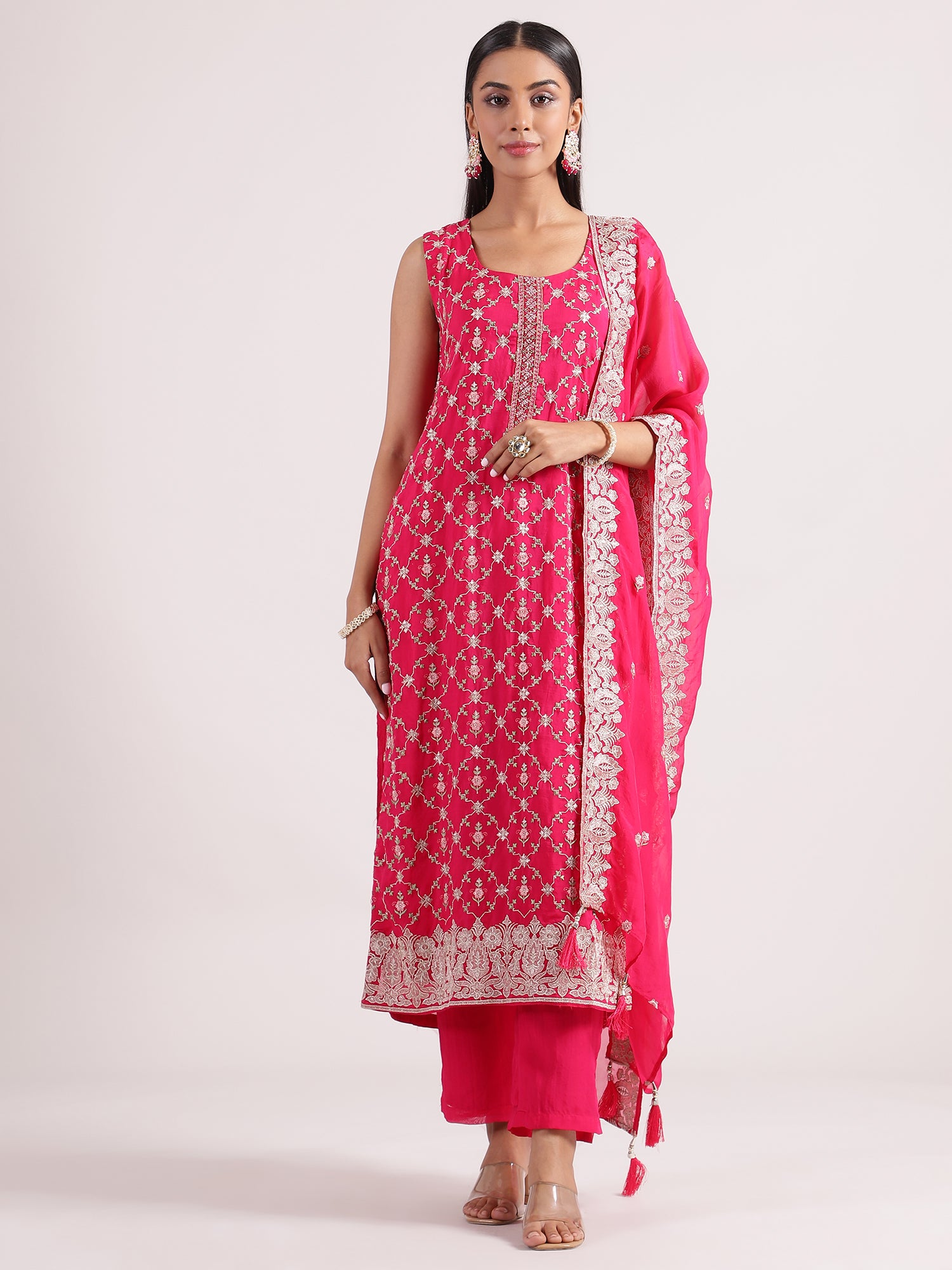 Vibrant Hot Pink Embroidered Salwar Suit with Organza Dupatta