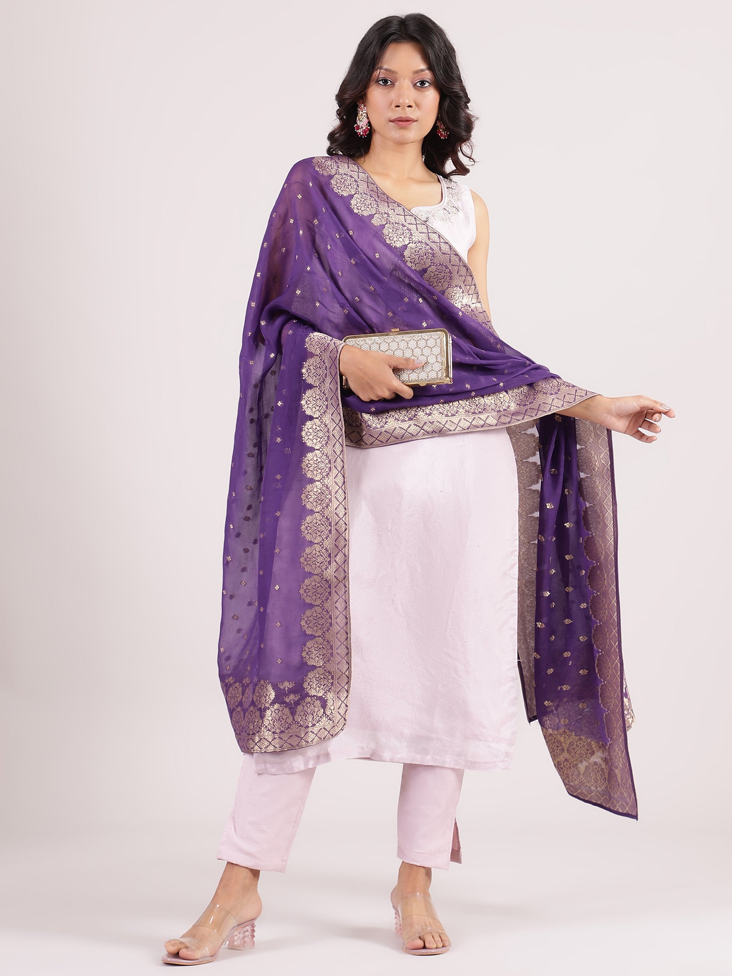 Elegant Lilac Silk Embroidered Salwar Suit with Contrast Banarasi Dupatta