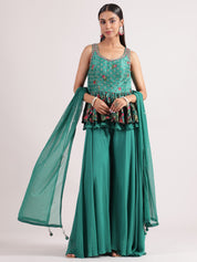 Elegant Dark Pistachio Peplum Palazzo Set with Sequence Embroidery