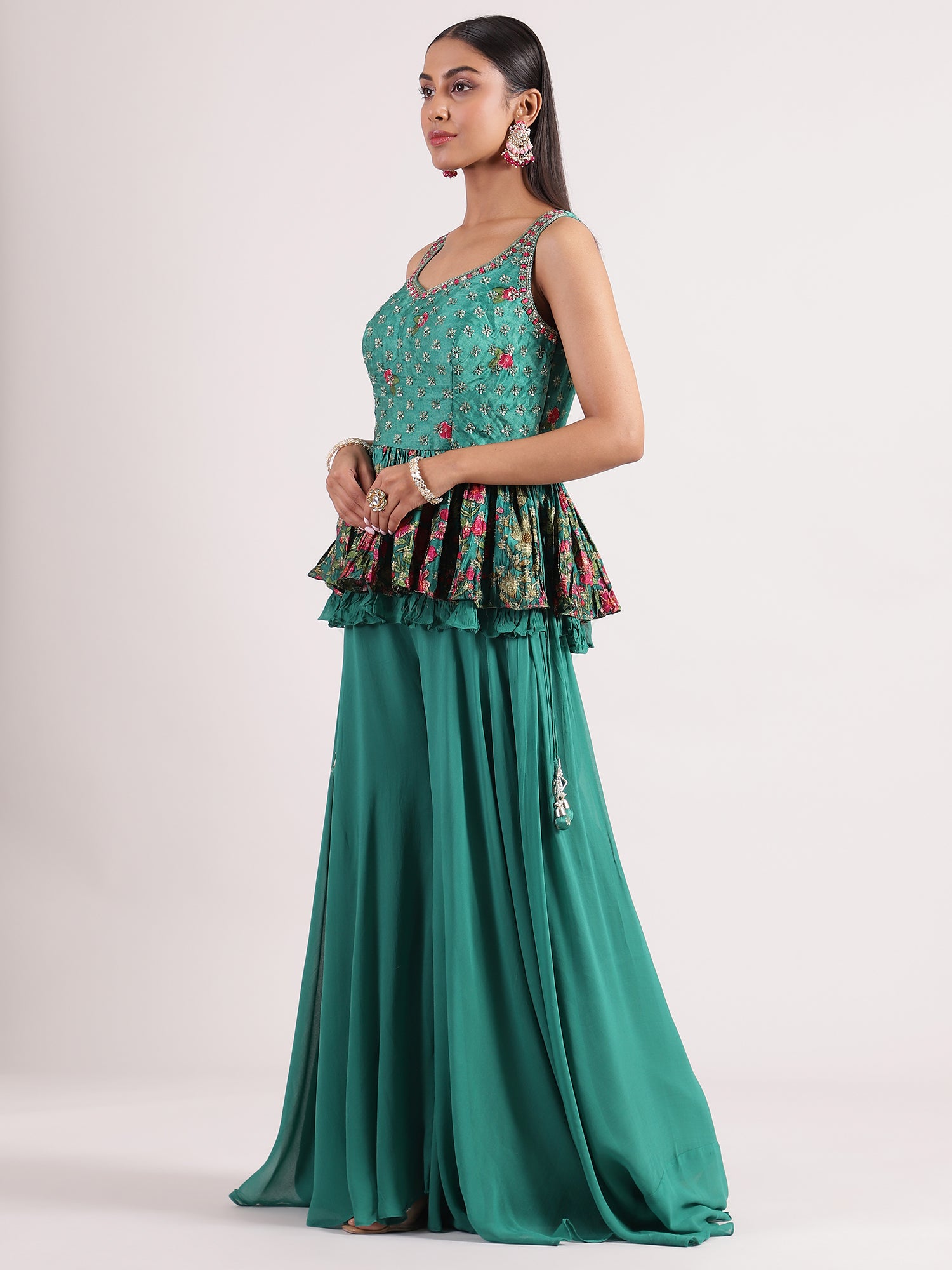 Elegant Dark Pistachio Peplum Palazzo Set with Sequence Embroidery