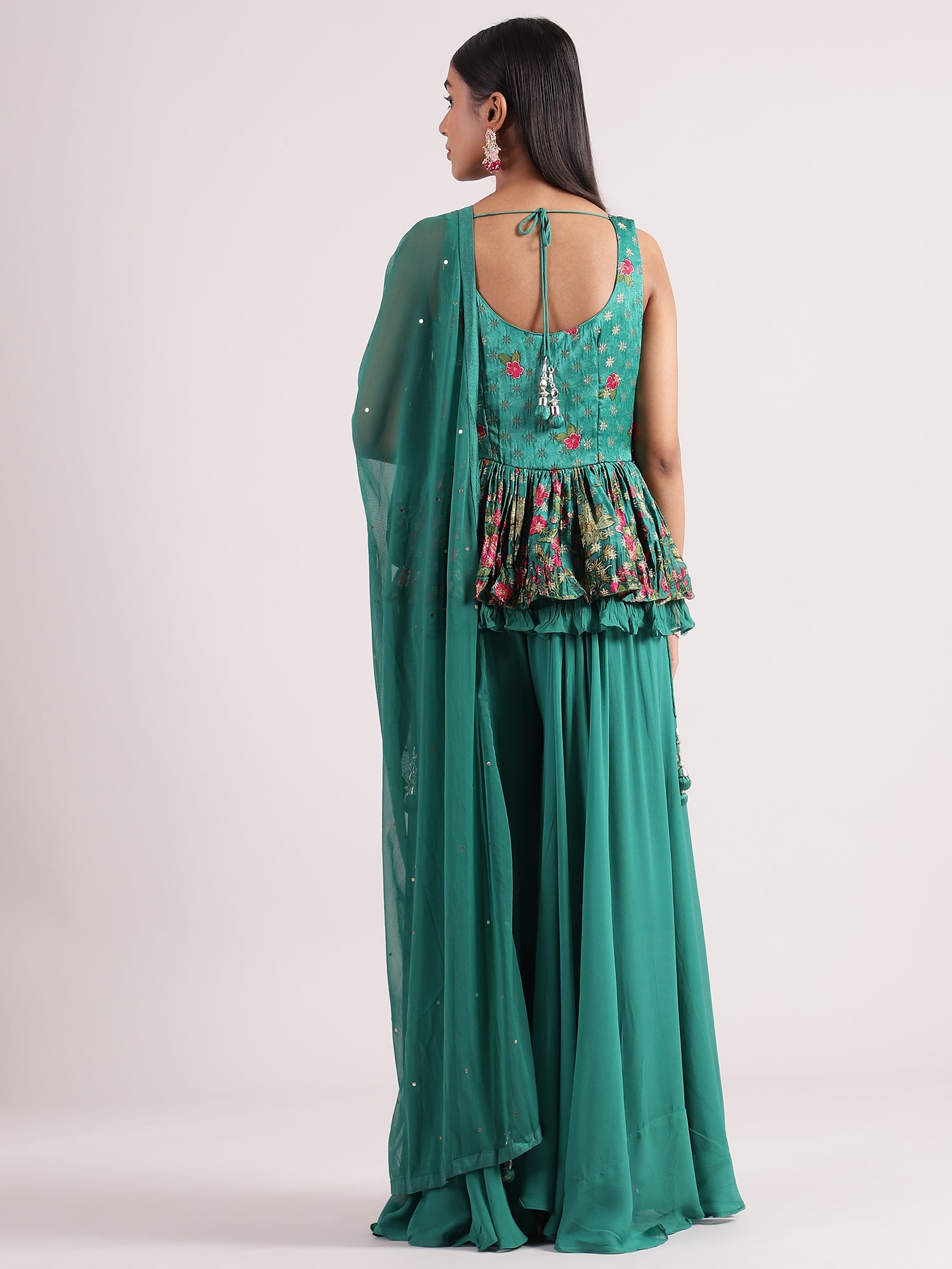 Elegant Dark Pistachio Peplum Palazzo Set with Sequence Embroidery