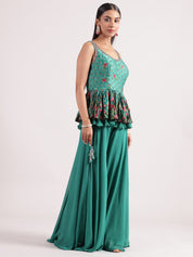 Elegant Dark Pistachio Peplum Palazzo Set with Sequence Embroidery