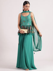 Elegant Dark Pistachio Peplum Palazzo Set with Sequence Embroidery