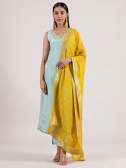 Sky Blue Silk V-Neck Salwar Suit with Contrast Mustard Yellow Banarasi Dupatta