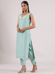 Sky Blue Silk V-Neck Salwar Suit with Contrast Mustard Yellow Banarasi Dupatta