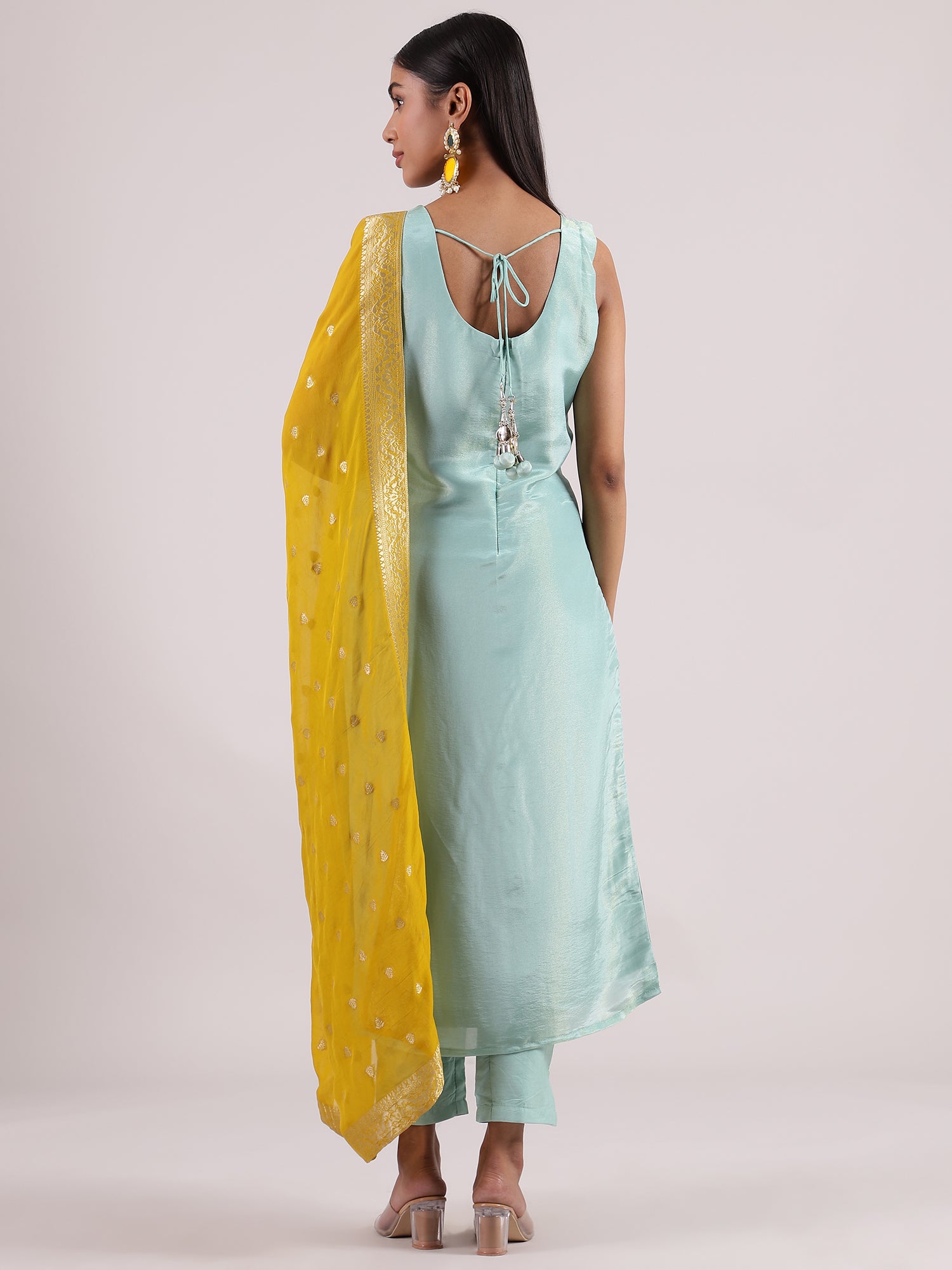 Sky Blue Silk V-Neck Salwar Suit with Contrast Mustard Yellow Banarasi Dupatta