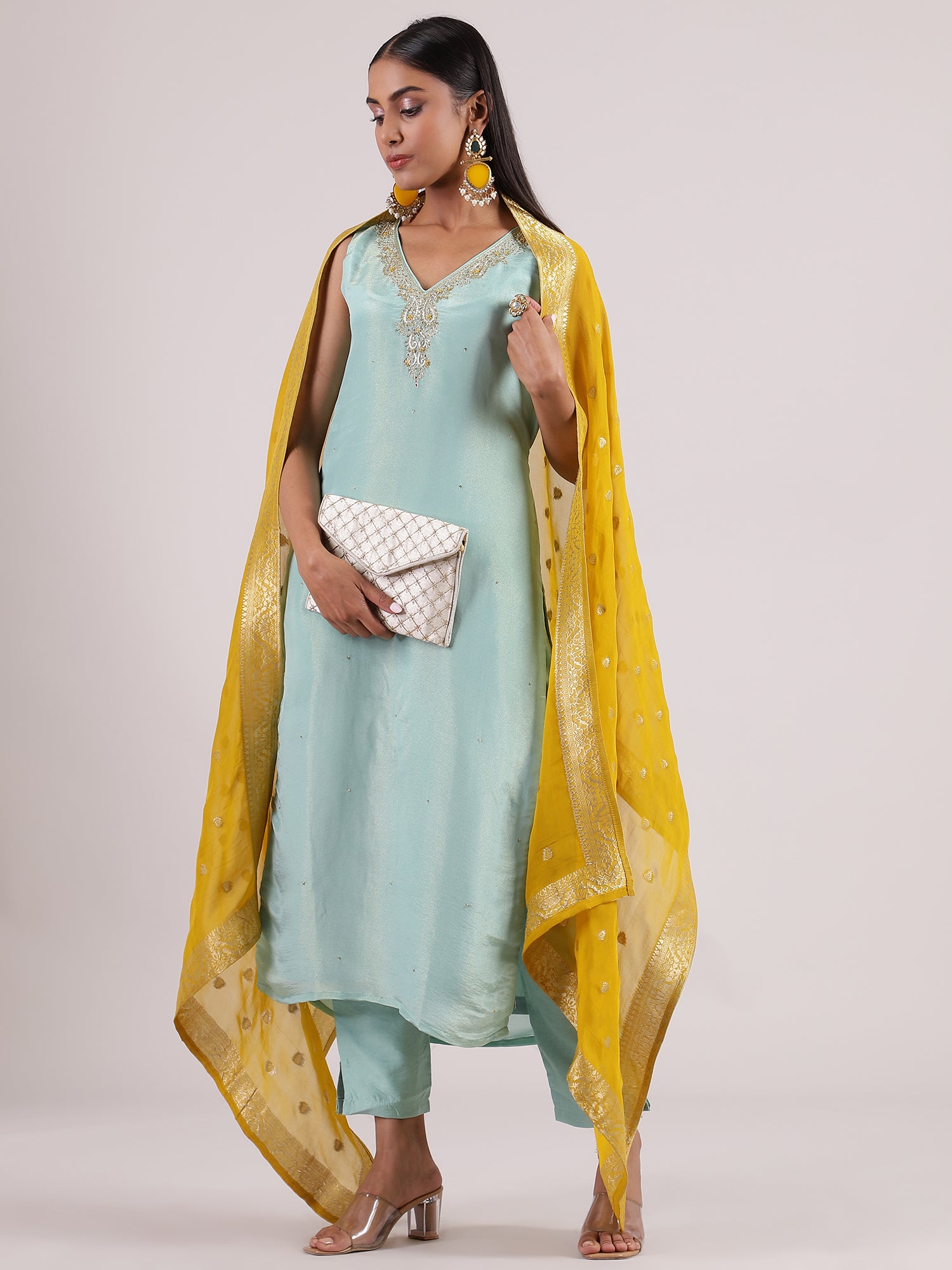 Sky Blue Silk V-Neck Salwar Suit with Contrast Mustard Yellow Banarasi Dupatta