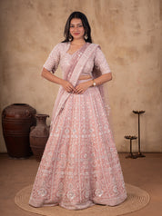 Full-length front view of a blush pink net lehenga set with sequin and thread embroidery and a dupatta pinned over the shoulder