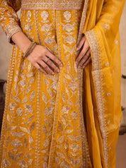 Detail of the floral embroidery on the mustard tissue Anarkali skirt and dupatta border