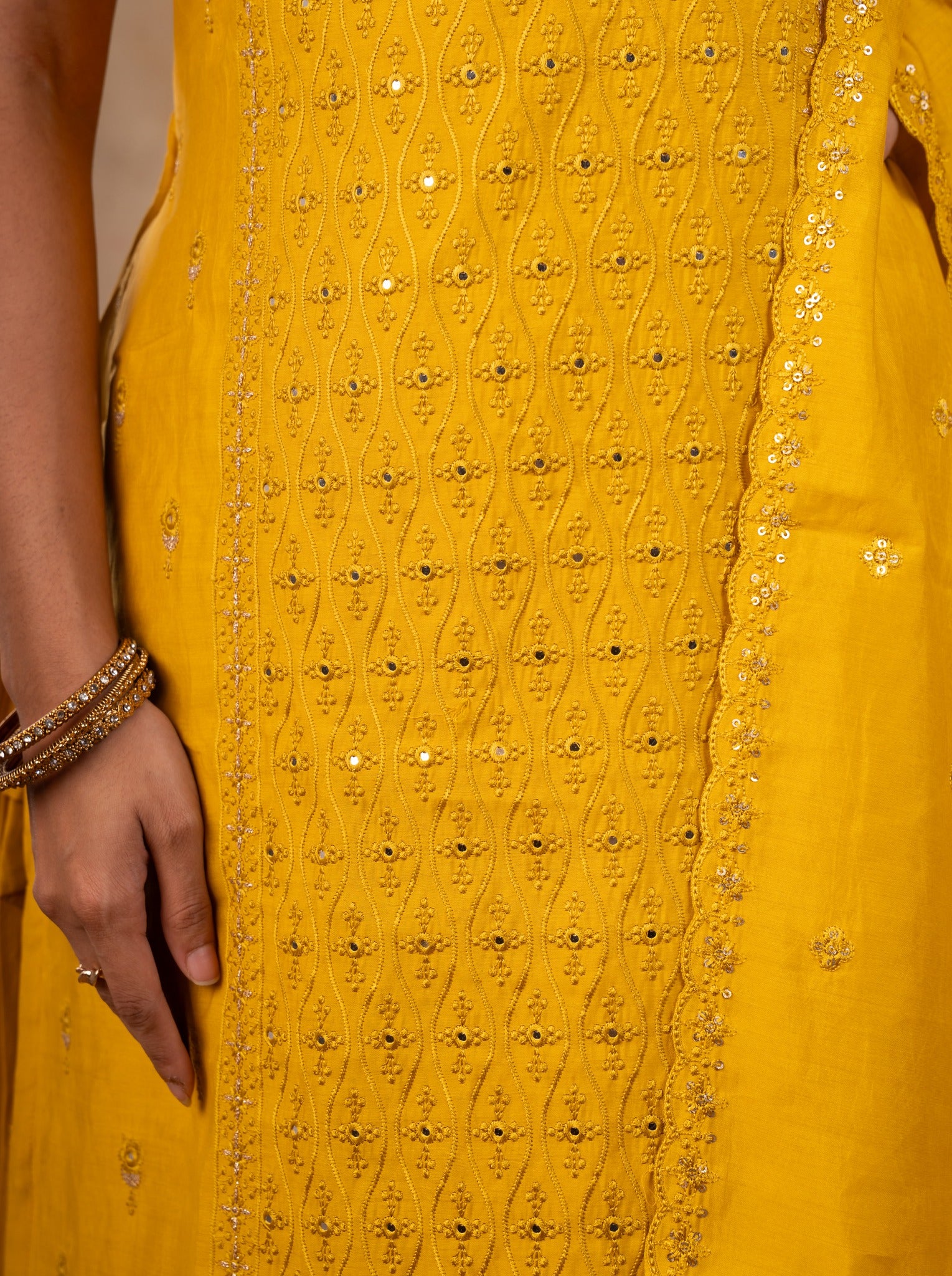 Detail of the sequin and thread work on the yellow cotton kurta fabric