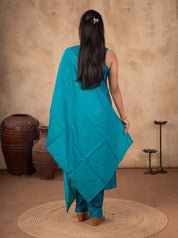 Back view of a Rama teal cotton salwar suit with the dupatta draped across the back