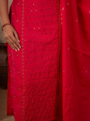 Detail of the sequin and thread embroidery on the Rani pink cotton kurta