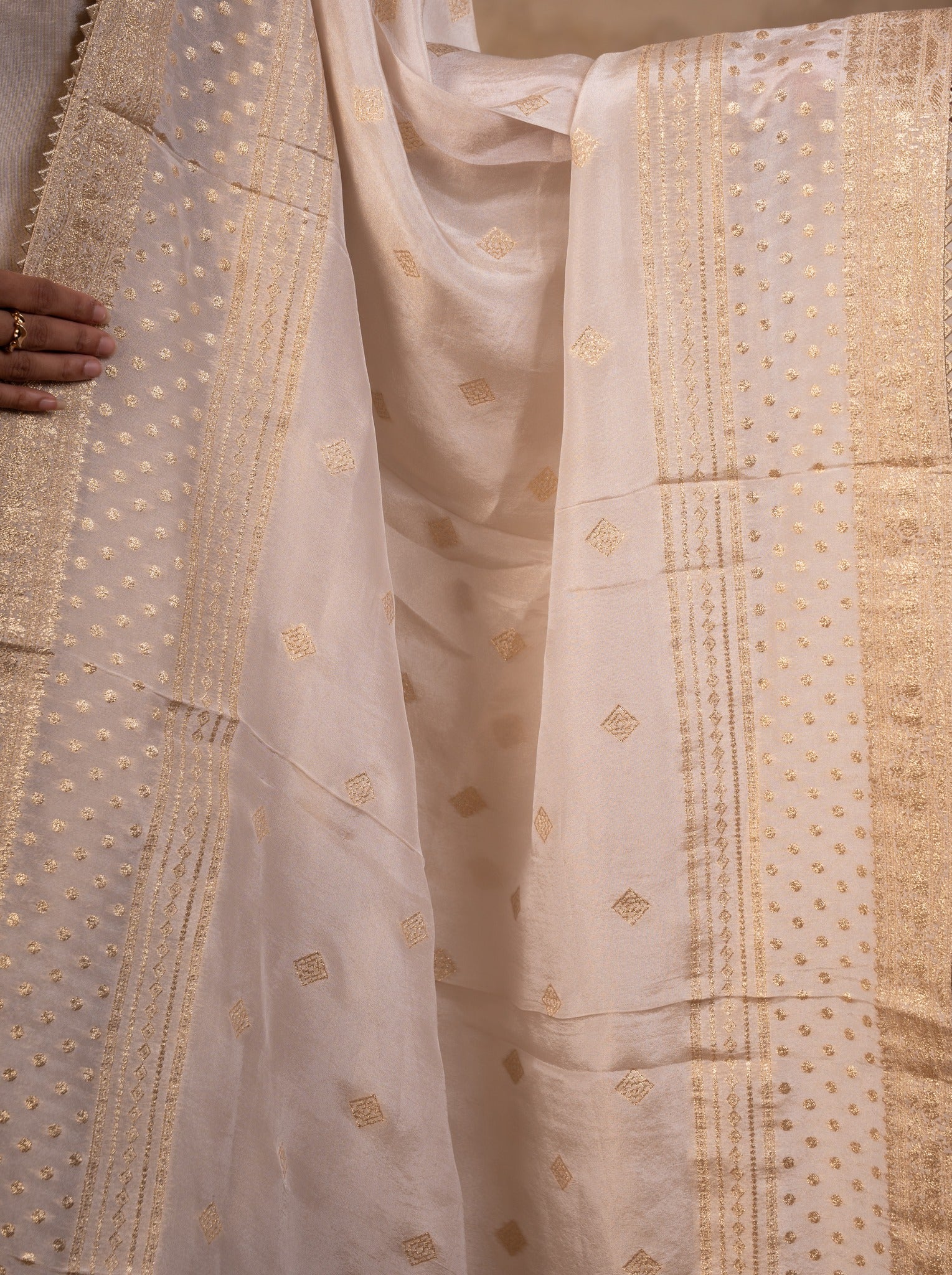 Detail of the woven gold border and motifs on the white silk dupatta