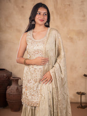 Model in a light olive green sharara suit with the dupatta's decorative trim visible