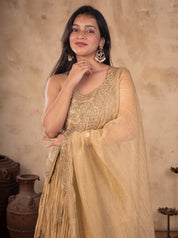 Model touching her chin in a pista organza lehenga with an embroidered strappy choli and draped dupatta