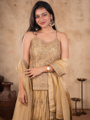 Half-length view of a pista organza lehenga with an embroidered strappy choli and sheer bordered dupatta