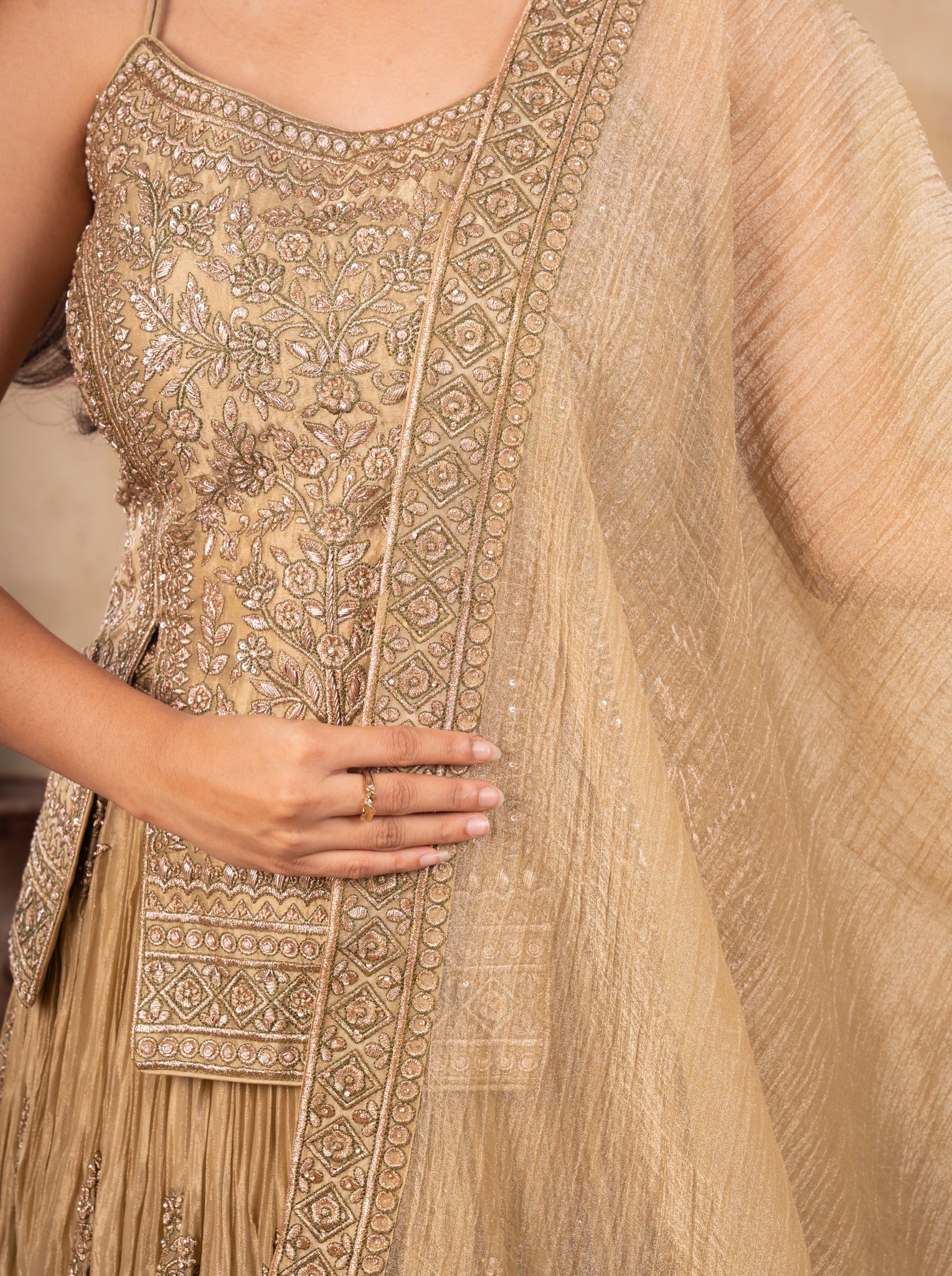 Detail of the thread-embroidered choli and the dupatta's ornate border on a pista organza lehenga