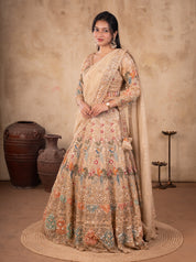 Full-length view of a pista organza lehenga with multicoloured bird and floral embroidery