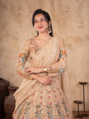 Half-length view of a pista organza lehenga with an embellished long-sleeved blouse and draped dupatta