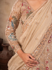 Close-up of the sequin-embellished long-sleeved blouse and dupatta trim on a pista organza lehenga