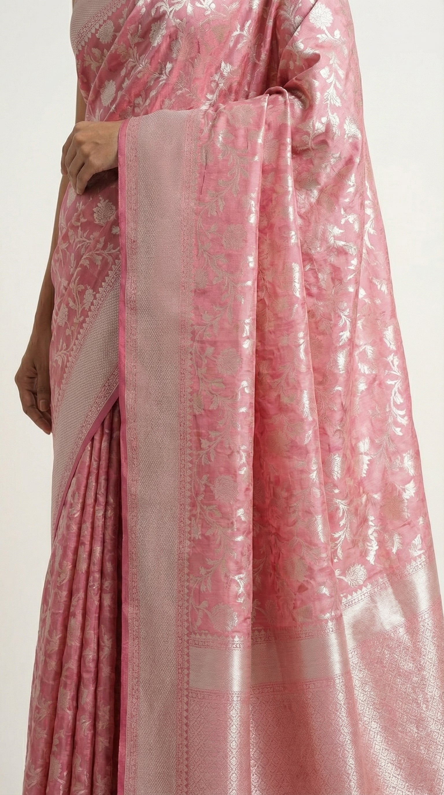 DIVA Pink Banarasi Crepe Saree with All-Over Silver Zari Jaal & Woven Border