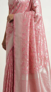 DIVA Pink Banarasi Crepe Saree with All-Over Silver Zari Jaal & Woven Border